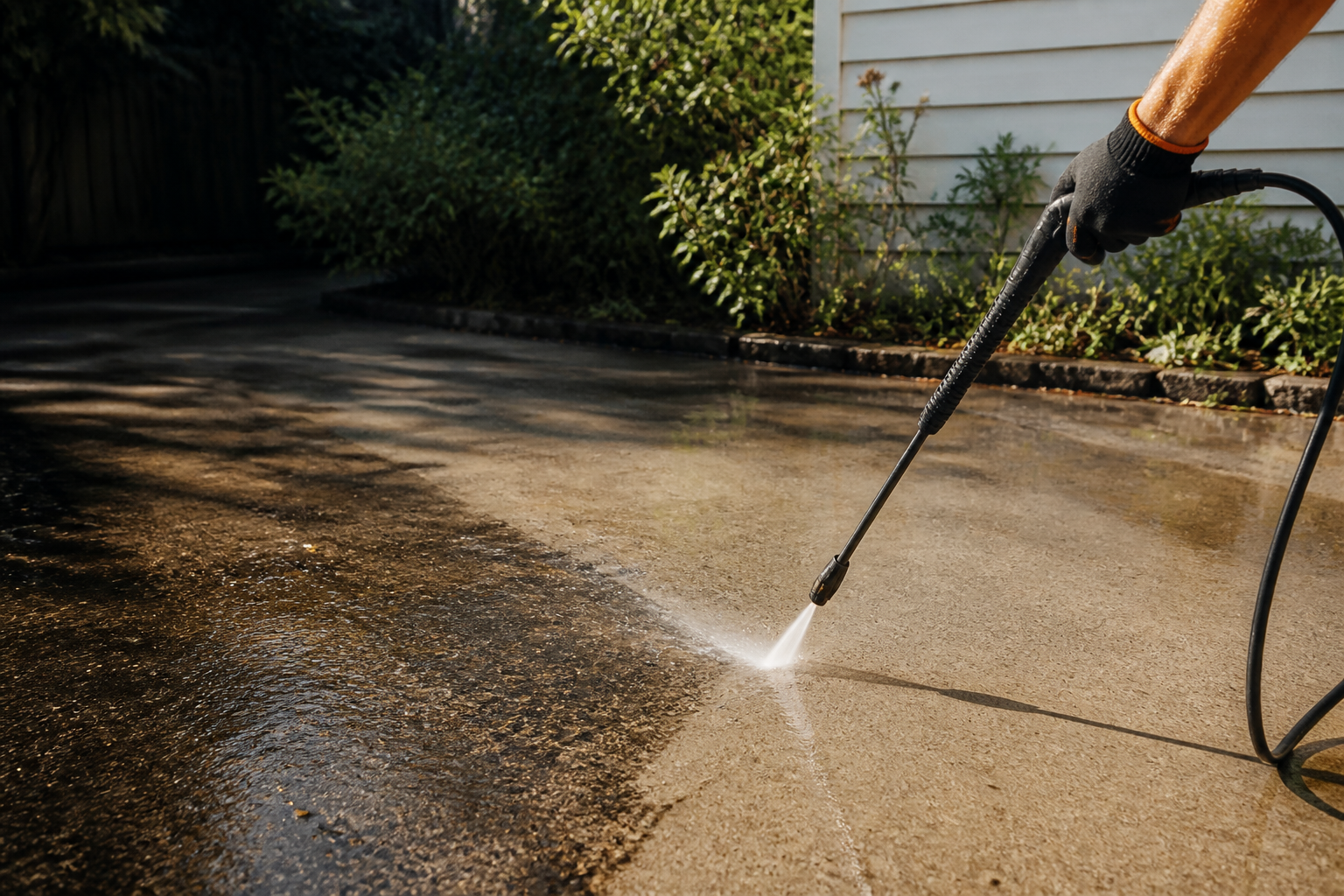 Pressure washer cleaning a concrete driveway
