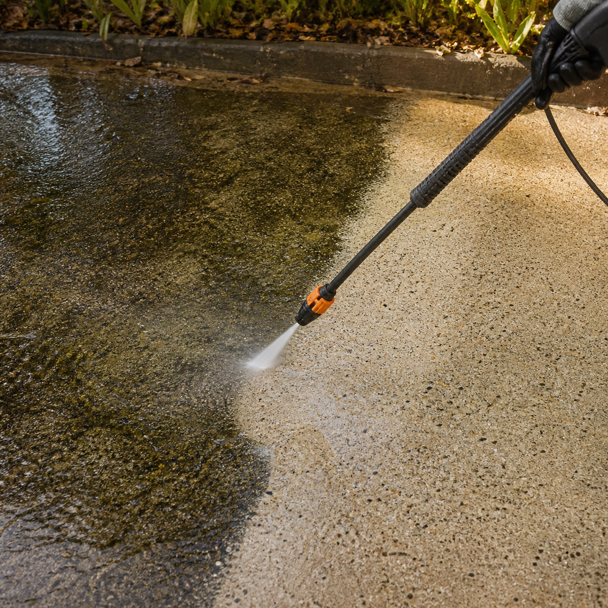Pressure washing a mossy concrete driveway