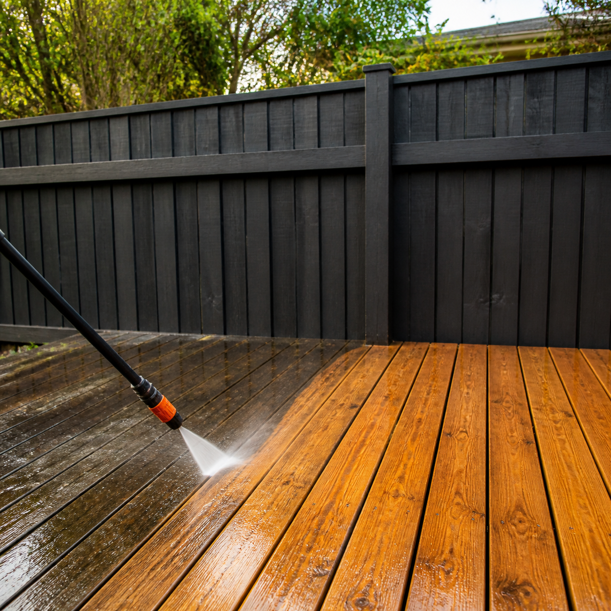 Pressure washing a timber deck and backyard fence