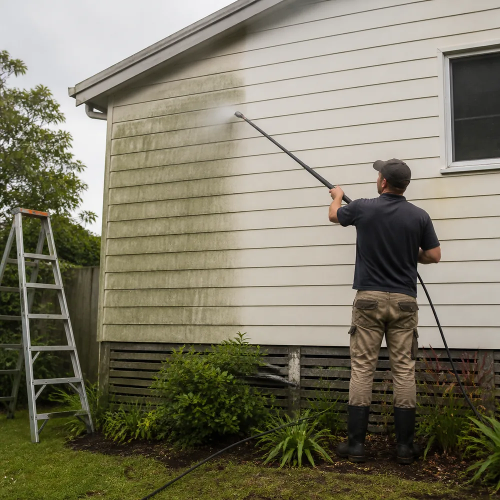 Home exterior being soft washed