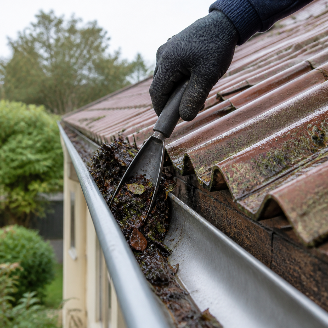 Cleaning leaves from a roof gutter