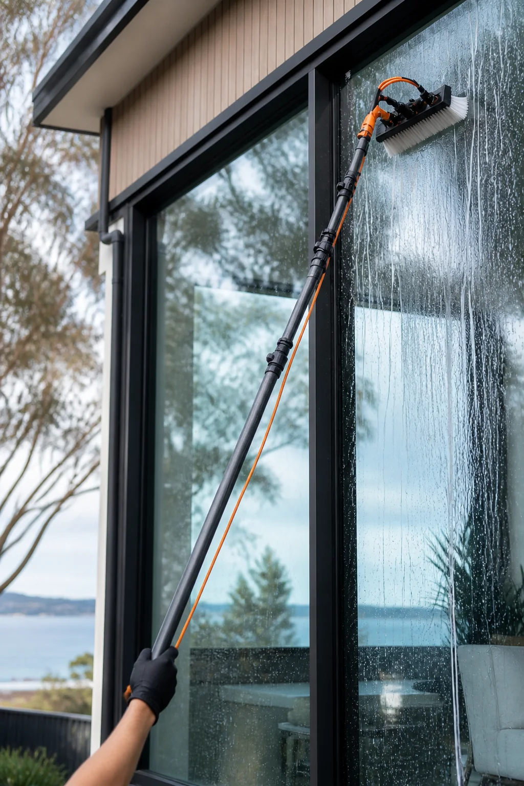 Exterior window being cleaned with a water-fed brush